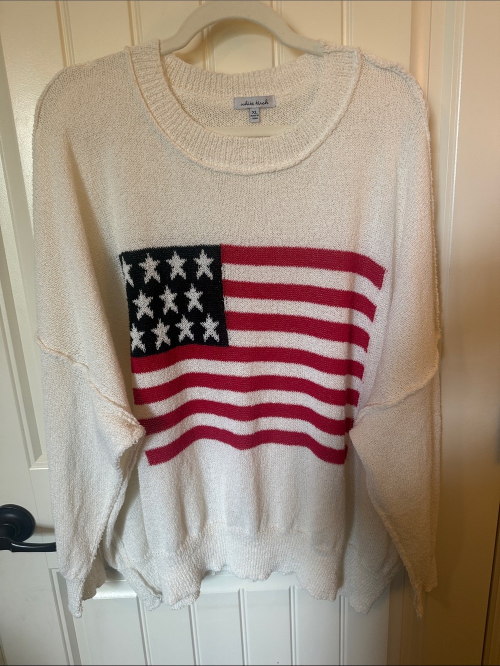 white birch Americana Cream Crewneck Sweater with USA flag